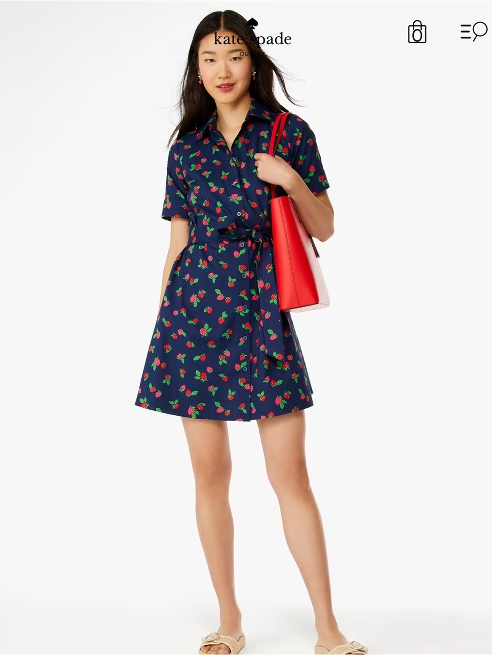 Kate Spade Tossed Strawberry Shirt Dress Oversized Cotton Buttons XS *no belt*